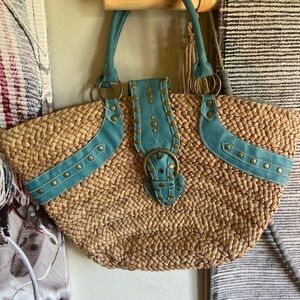 Scala Vintage 100% Straw Tote with Turquoise leather detail.